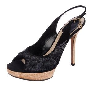 Black suede Christian Dior peep-toe pumps